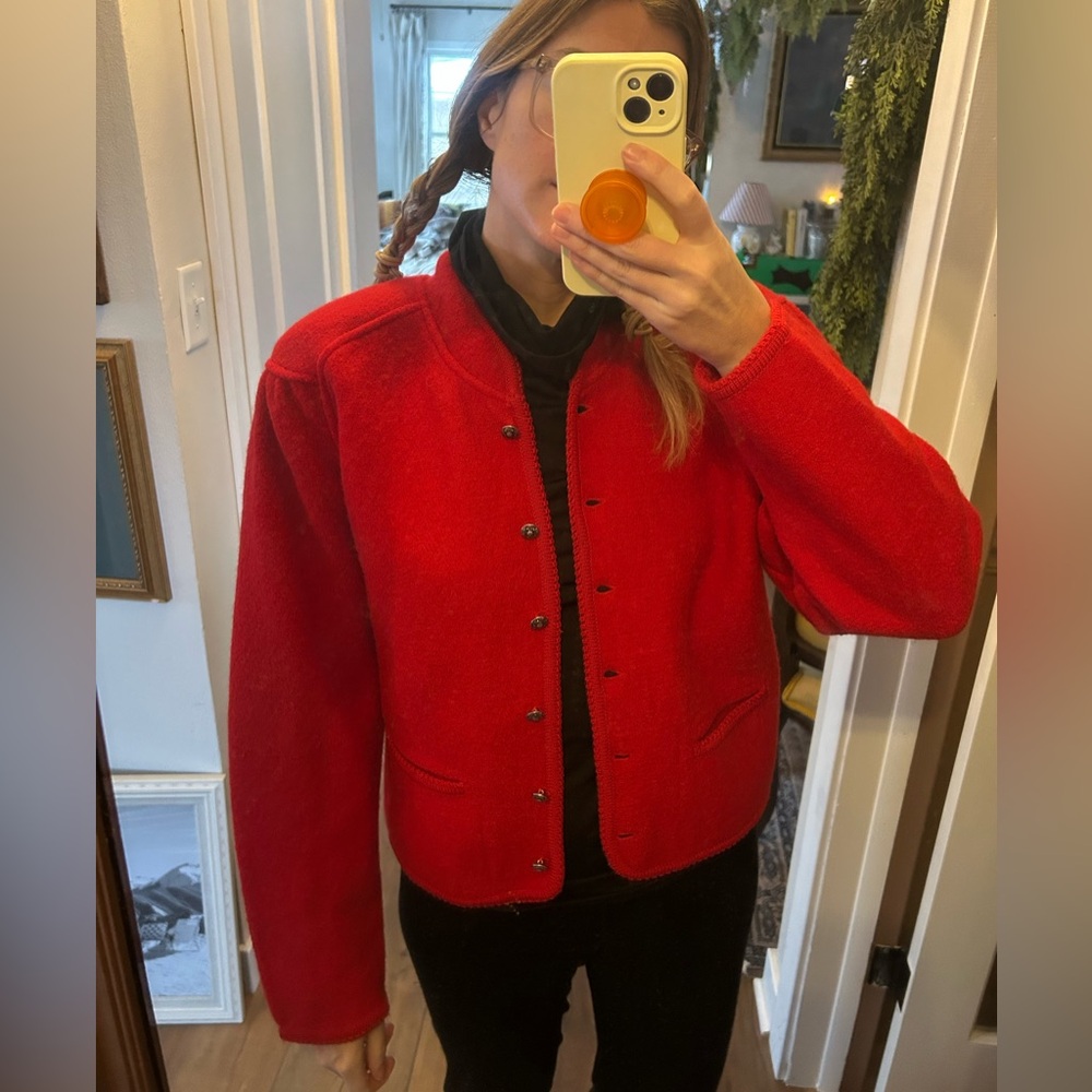 Vintage Women's Red 100% Wool Bomber Jacket